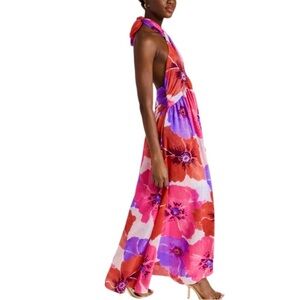 MISA Dress Alexandra‎ Maxi Halter Floral Poppy Pink Red Gold NEW NWT S
